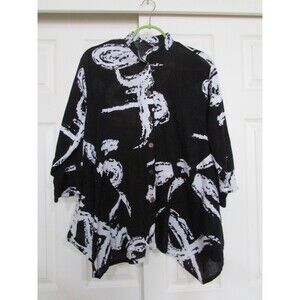 YASUKO Black White Lagenlook  Asymmetrical Swirl Cotton Tunic Art to Wear Sz M/L